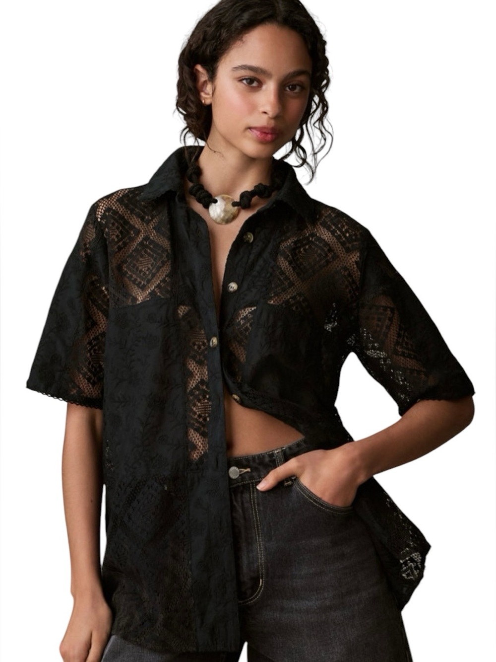 FARM Rio Surf Shirt Sheer Mixed Lace Button Down Relaxed Fit Cover Up Top Sz S
